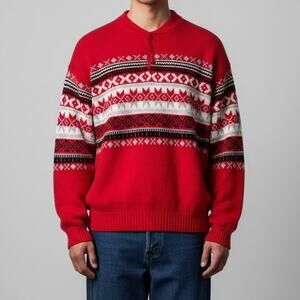 Vintage 90s Apres Ski Nordic Fair Isle Sweater Red Henley Cozy Knit Scandi XL